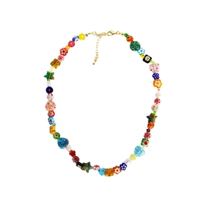 Handmade colorful glass flower and pearl beaded necklace with adjustable gold chain