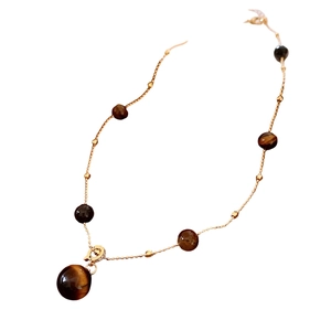 Vintage round tiger eye stone adjustable pendant necklace with golden chain for women