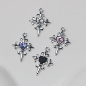 Silver cross pendants with heart-shaped crystals for DIY jewelry making in four colors