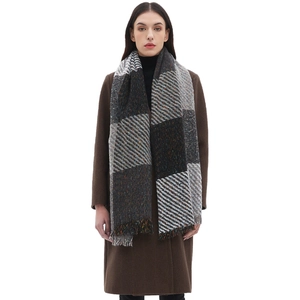 Classic large plaid scarf with fringe tassels in black gray and white patterns