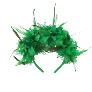Elegant emerald green feather fascinator headband with mesh and silk flowers for gala parties