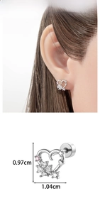 Close-up of zircon flower heart stud earring showing 1.04cm size and model fitting