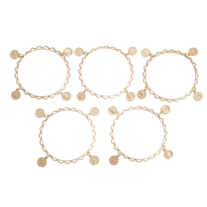 Five-piece gold bangle set with wave design and embossed coin pendants on white background