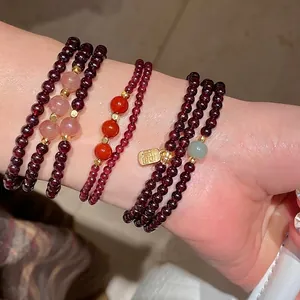 Layered Garnet Strawberry Crystal Wrap Bracelet With Copper Gold Plated Fu Pendant Retro Style Elegant For Women