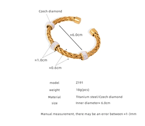 Detailed view of gold-plated woven cuff bracelet with dimensions and Czech crystal inlay