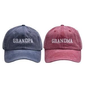 Detail of navy GRANDPA and wine red GRANDMA embroidered washed cotton baseball caps