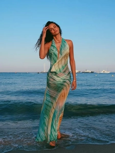 Halter Neck Backless Maxi Dress Deep V Neck Polyester Marble Tie Dye Print Slim Fit Beach Vacation Summer Elegant Women
