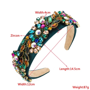 Green fabric headband with colorful zircon stones and dimensions 14.5x12x4cm