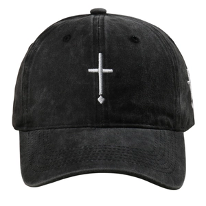 Vintage black washed cotton baseball cap featuring silver cross embroidery for streetwear