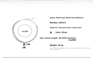 Detailed size specifications for a layered stainless steel necklace with black gemstone