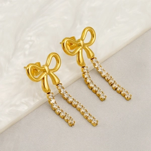 Stainless Steel Bowknot Tassel Earrings For Women Zircon Inlaid Gold Plated Elegant French Style Long Dangle Jewelry