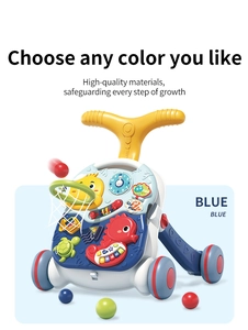 Blue baby walker with basketball hoop and interactive musical panel details