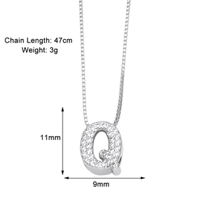 Detail view of silver letter Q pendant necklace with white zircons and dimensions