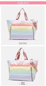 Detail view of the rainbow quilted gym bag featuring dual handles and adjustable strap