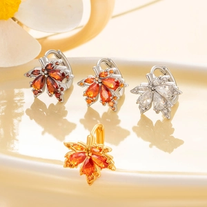 Copper maple leaf hoop earrings with colorful zircon stones in silver and gold finishes