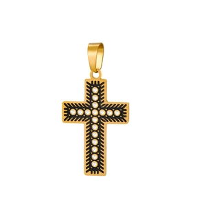 Detailansicht des goldenen Kreuzanhängers mit schwarzer Emaille und Diamantbesatz