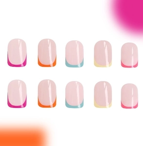 Close-up of short square press-on nails with colorful French tips and glossy finish