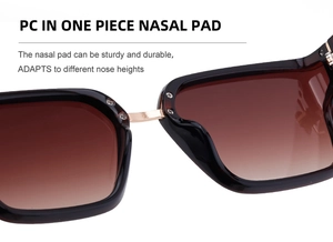 Detail of the integrated PC nose pads and metallic bridge on square frame sunglasses