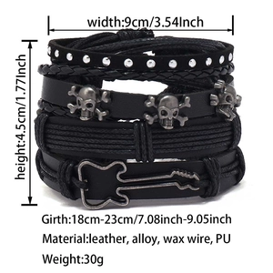 Detail view of multi-layer leather bracelet with guitar and skull charms with dimensions