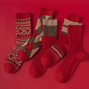 Chaussettes en Laine Épaissies pour Femmes Rouge Noël Chaussettes Chaudes Rétro Fair Isle Argyle Rayé Jacquard Chaussettes Mi-Mollet Pour Hiver