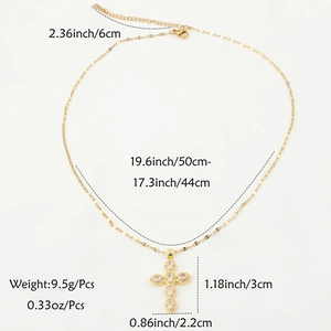 Gold stainless steel cross necklace with zircon stones and adjustable chain dimensions