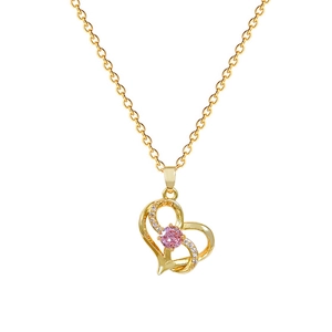 Interlocking heart necklace in gold with pink gemstone and sparkling rhinestones