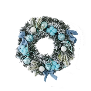 Blue and white Christmas wreath with faux snow, pine needles and velvet ribbon bows