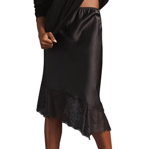 Detailed view of black satin midi skirt with elegant irregular lace hemline splicing