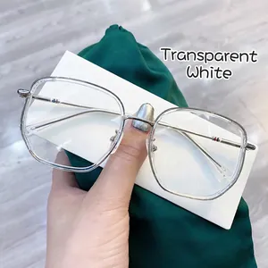 Detail of transparent square frame glasses with silver metal temples and tricolor stripes