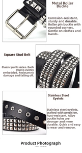Detail of punk Y2K belt featuring square silver studs and durable stainless steel eyelets