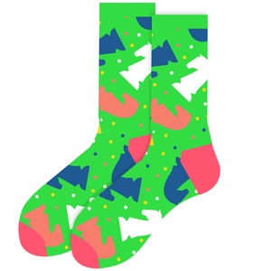 Detail view of green mid-calf socks with chess horse pattern and colorful polka dots