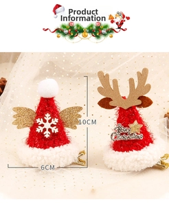 Détails des barrettes chapeaux de Noël en velours rouge avec bois pailletés et décorations