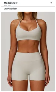 Detailed view of grey apricot V-neck sports bra and high-waist fitness shorts on model
