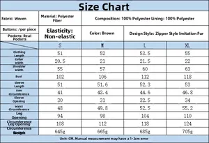 Detailed size chart for the women's faux fur jacket with length and chest measurements