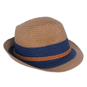 Classic light brown woven straw fedora hat with navy blue ribbon and decorative cord