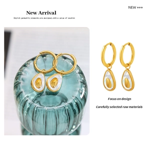Detailed close-up of avocado-shaped gold earrings with white shell inlay on textured glass