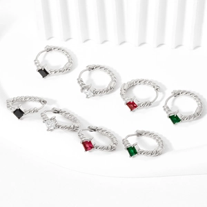 French twist earrings with square cubic zirconia in four colors and stainless steel finish