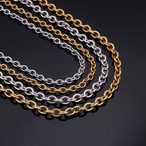Detailed view of layered gold and silver stainless steel O-chains with OT buckles