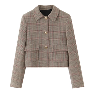 Vintage brown houndstooth cropped jacket with notched lapel and gold metal buttons