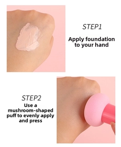 Detail showing application of liquid foundation using a mushroom head makeup sponge puff