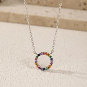 S925 sterling silver necklace featuring a circular pendant set with rainbow gemstones