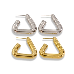 Polished gold and silver triangle hoop earrings in a minimalist geometric stainless steel design