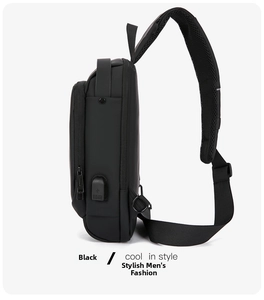 Detail of waterproof men's sling bag showing USB charging port and breathable mesh strap