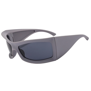 Futuristic wraparound sports sunglasses with matte grey frame and dark lenses