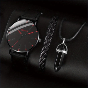 Men's minimalist watch set with black leather strap watch, woven bracelet, and stone necklace