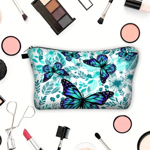 Floral butterfly makeup bag organizer with blue purple pattern and vanity accessories