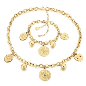 18k gold plated stainless steel jewelry set featuring celestial coin and evil eye charms