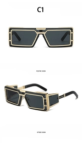 Macro view of cyberpunk square sunglasses with black and gold metal frames
