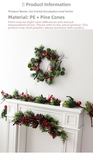 Detail of Christmas garland with eucalyptus leaves, red berries and pine cones with ice crystals