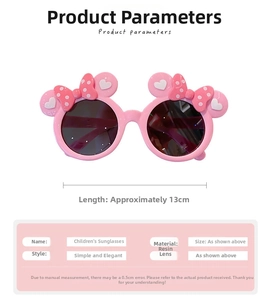 Detailed dimensions of pink girl's sunglasses with Minnie bow and resin lenses